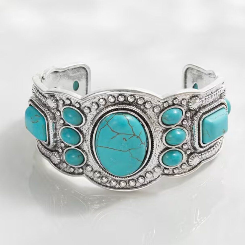 NWT Vintage Western Faux Turquoise Zinc Alloy Cuff Bracelet Southwestern Silver